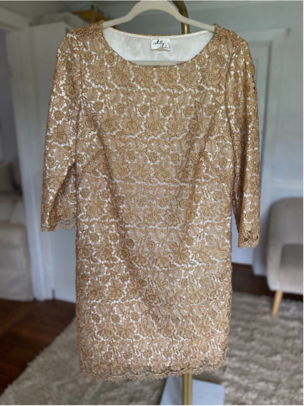 Vintage Milly Of New York Gold Lace Shift Dress Cocktail Wedding Guest Elegant - Picture 2 of 6